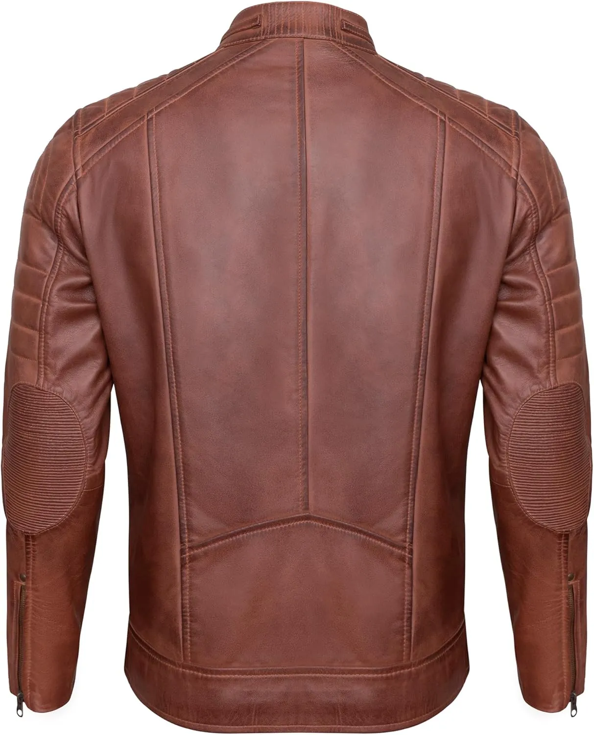 Real Lambskin Mens Leather Jackets - Quilted Biker Style Stand Collar Zip-Up Fashion Motorcycle Jacket Men