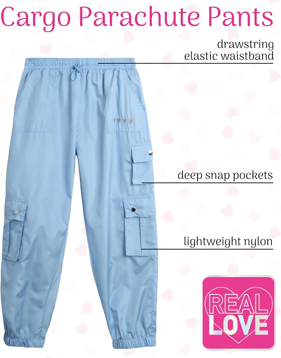 Real Love Girls' Cargo Pants - Lightweight Nylon Quick Dry Jogger Parachute Pants with Deep Multi Pockets (Sizes: 7-16)