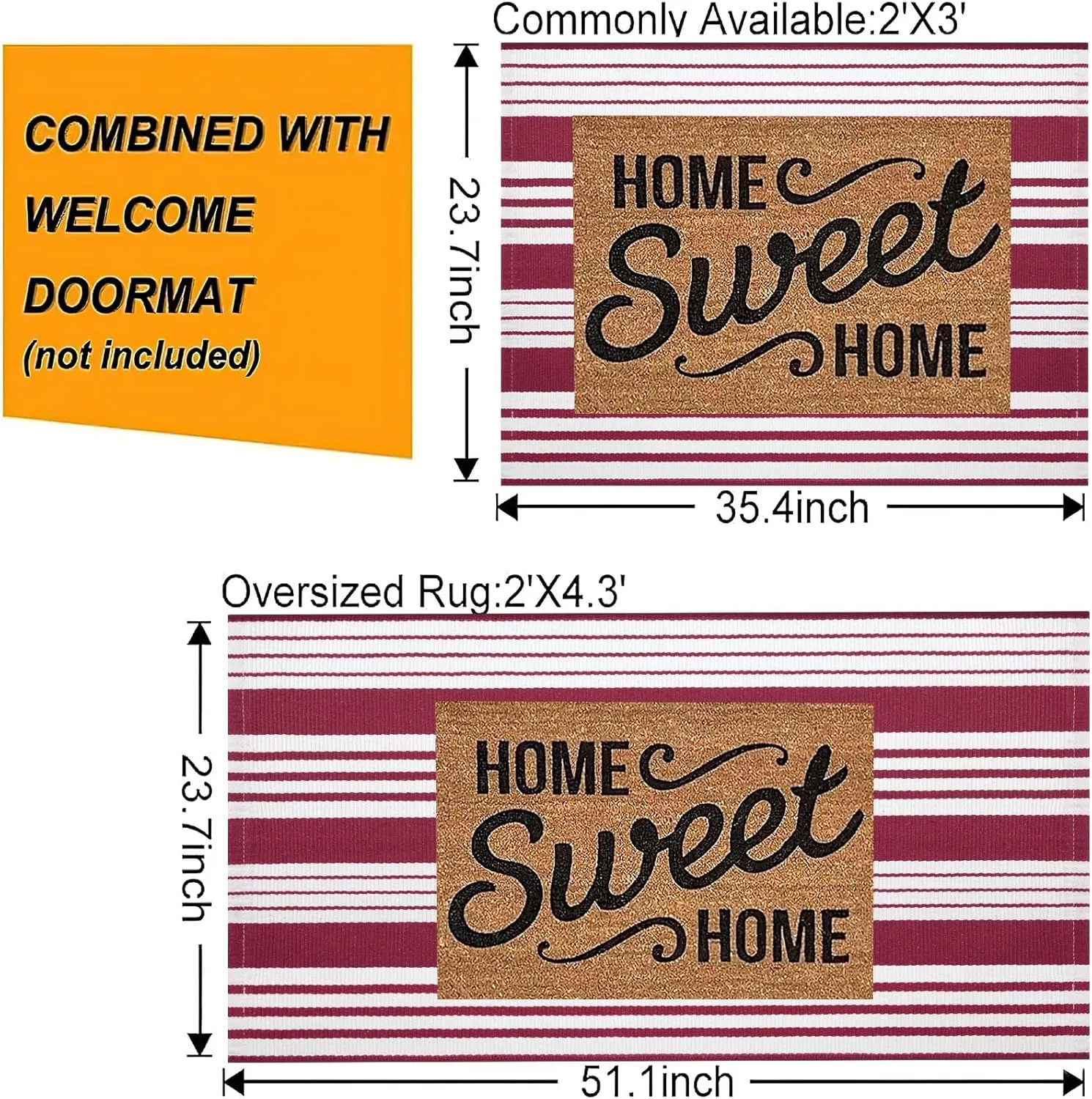 Red and White Striped Outdoor Rug 24'' x 35'' Door Mat Outdoor Machine Washable Welcome Mats Cotton Hand-Woven Entryway Rug for Front Porch/Entryway/Laundry/Bathroom/Bedroom