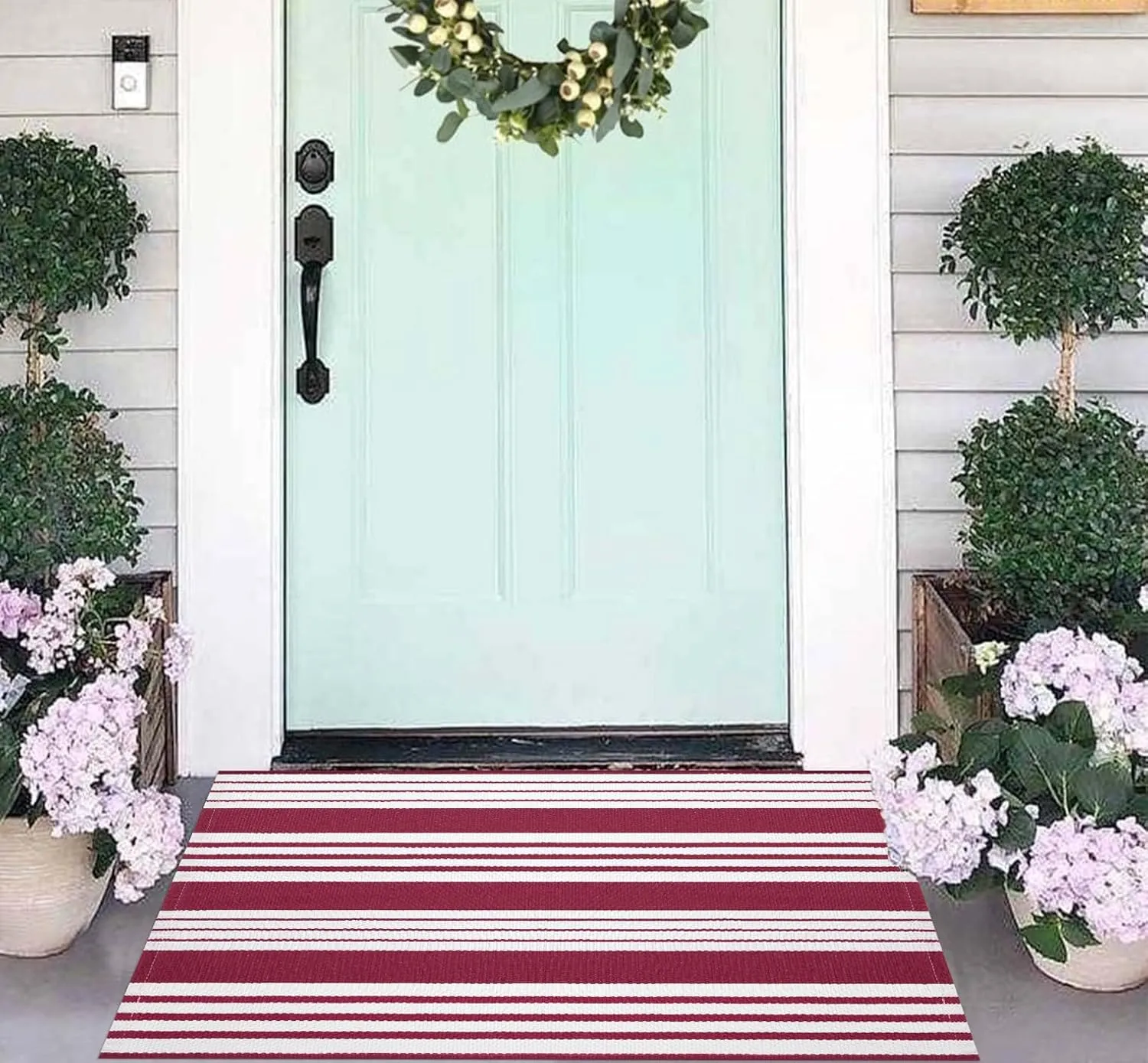 Red and White Striped Outdoor Rug 24'' x 35'' Door Mat Outdoor Machine Washable Welcome Mats Cotton Hand-Woven Entryway Rug for Front Porch/Entryway/Laundry/Bathroom/Bedroom