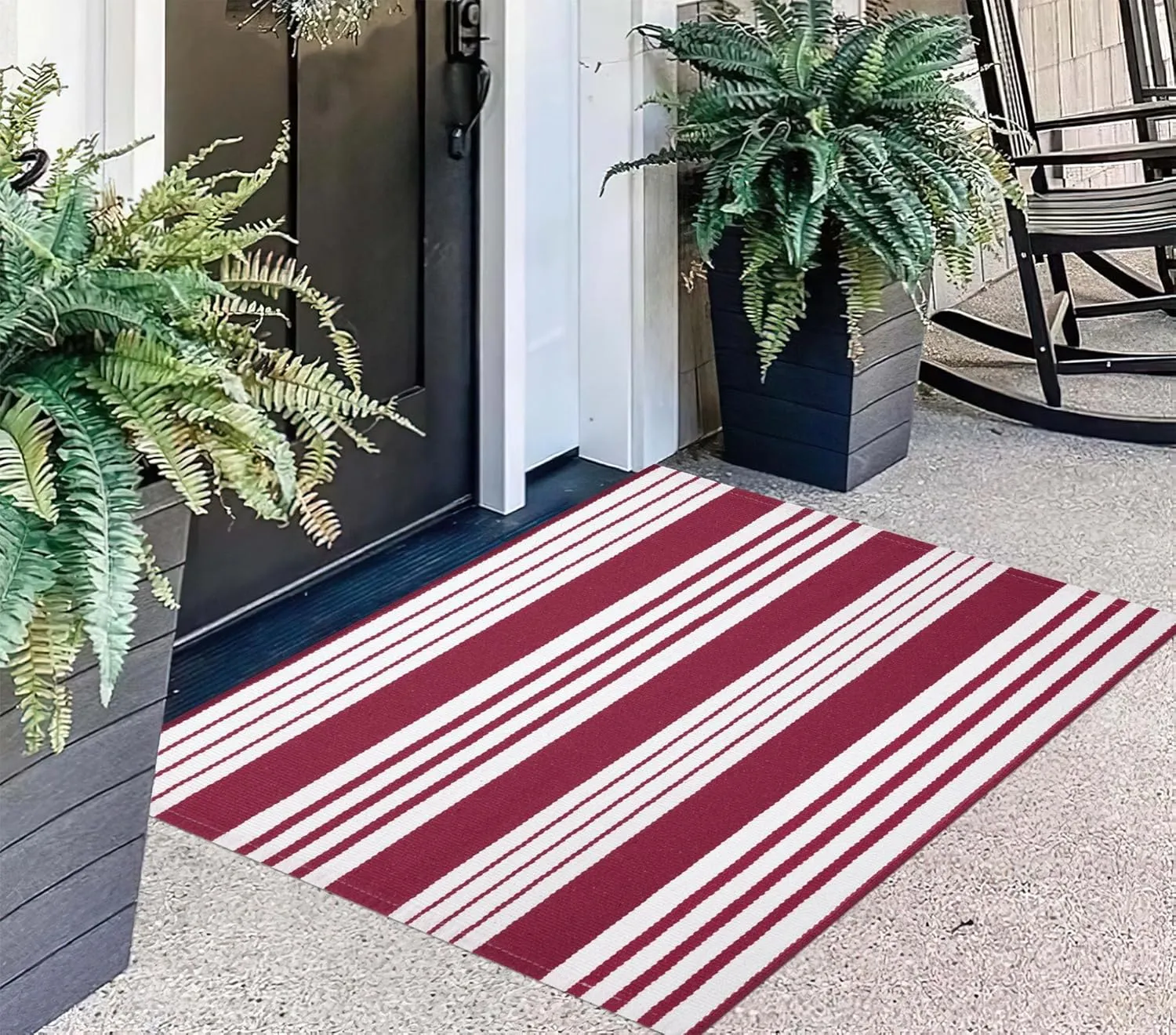 Red and White Striped Outdoor Rug 24'' x 35'' Door Mat Outdoor Machine Washable Welcome Mats Cotton Hand-Woven Entryway Rug for Front Porch/Entryway/Laundry/Bathroom/Bedroom