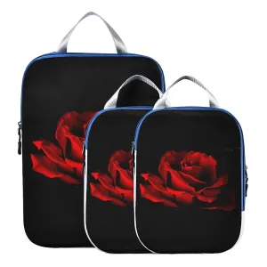 Red Rose Petal on Black Background 3 Piece set Cubes Expandable Adjustable Luggage Packing Bags, Ultralight Organizer Accessories Travel Suitcase Compressible Bags