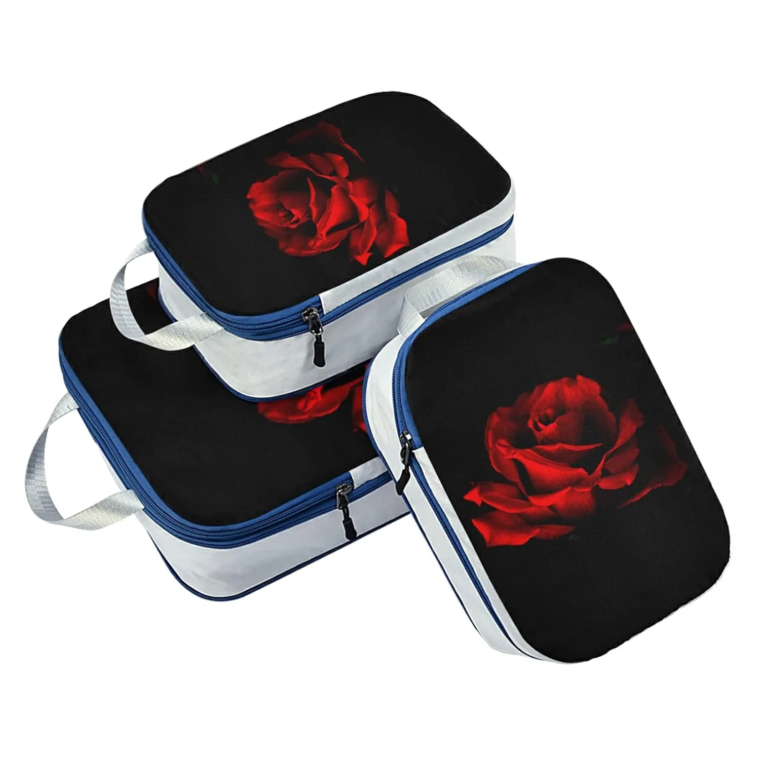 Red Rose Petal on Black Background 3 Piece set Cubes Expandable Adjustable Luggage Packing Bags, Ultralight Organizer Accessories Travel Suitcase Compressible Bags