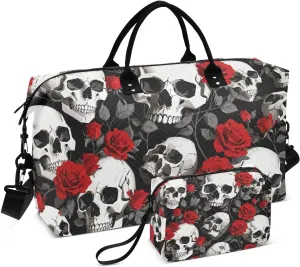 Red Rose Skulls Duffel Bag for Traveling, Gym Bags with Multiple Interior Pockets for Women Men Toiletry Purse Included 20.5”x 1.9” x 13.8”