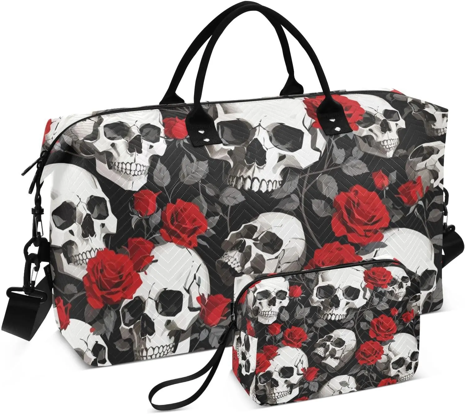Red Rose Skulls Duffel Bag for Traveling, Gym Bags with Multiple Interior Pockets for Women Men Toiletry Purse Included 20.5”x 1.9” x 13.8”