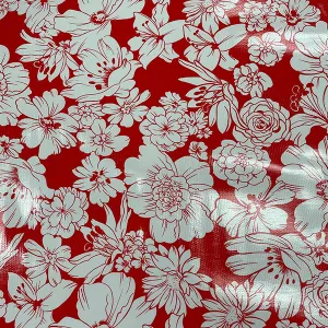 Red White Floral Oilcloth Fabric - Reorderable
