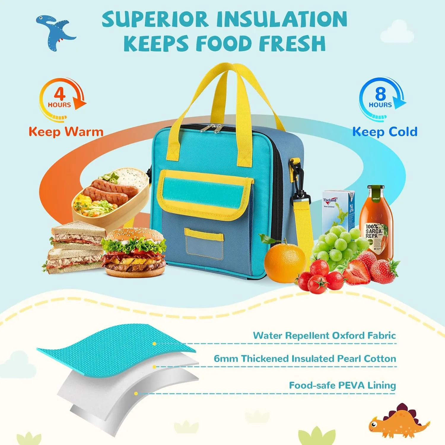 REDSHELL Lunch Box Kids, Large Insulated Lunch Bag for Boys Girls, Cooler Lunchbag, Square Toddler Lunchbox, Back to School Daycare Lunch Tote Pail with Water Bottle Holder Shoulder Strap, Blue