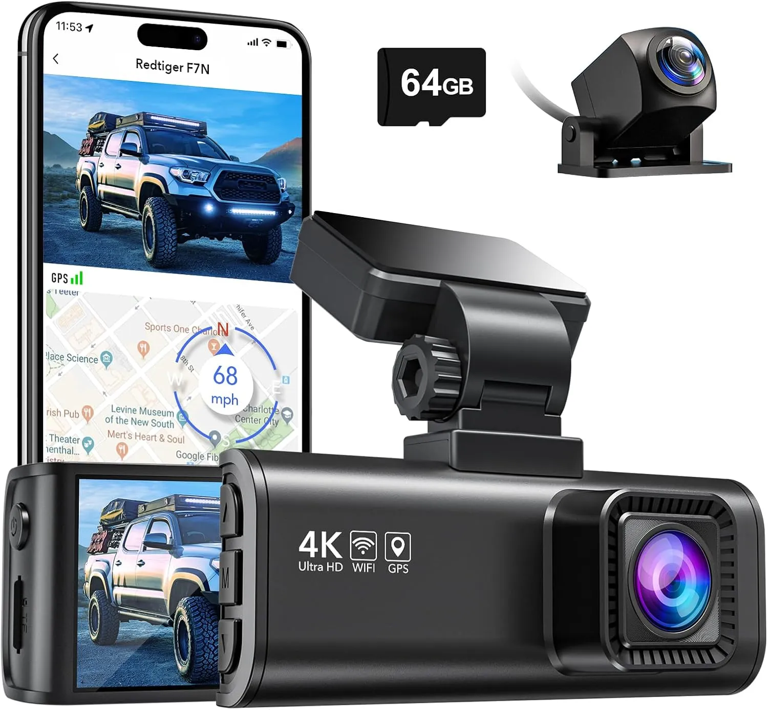 REDTIGER F7N 4K Dash Cam Front and Rear,Built-in WiFi GPS 4K 1080P Dual Dash Camera for Cars,3.18 inch Display Dashcam,170° Wide Angle Dashboard Camera Recorder, Night Vision,Parking Monitor