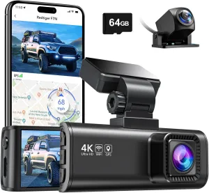 REDTIGER F7N 4K Dash Cam Front and Rear,Built-in WiFi GPS 4K 1080P Dual Dash Camera for Cars,3.18 inch Display Dashcam,170° Wide Angle Dashboard Camera Recorder, Night Vision,Parking Monitor