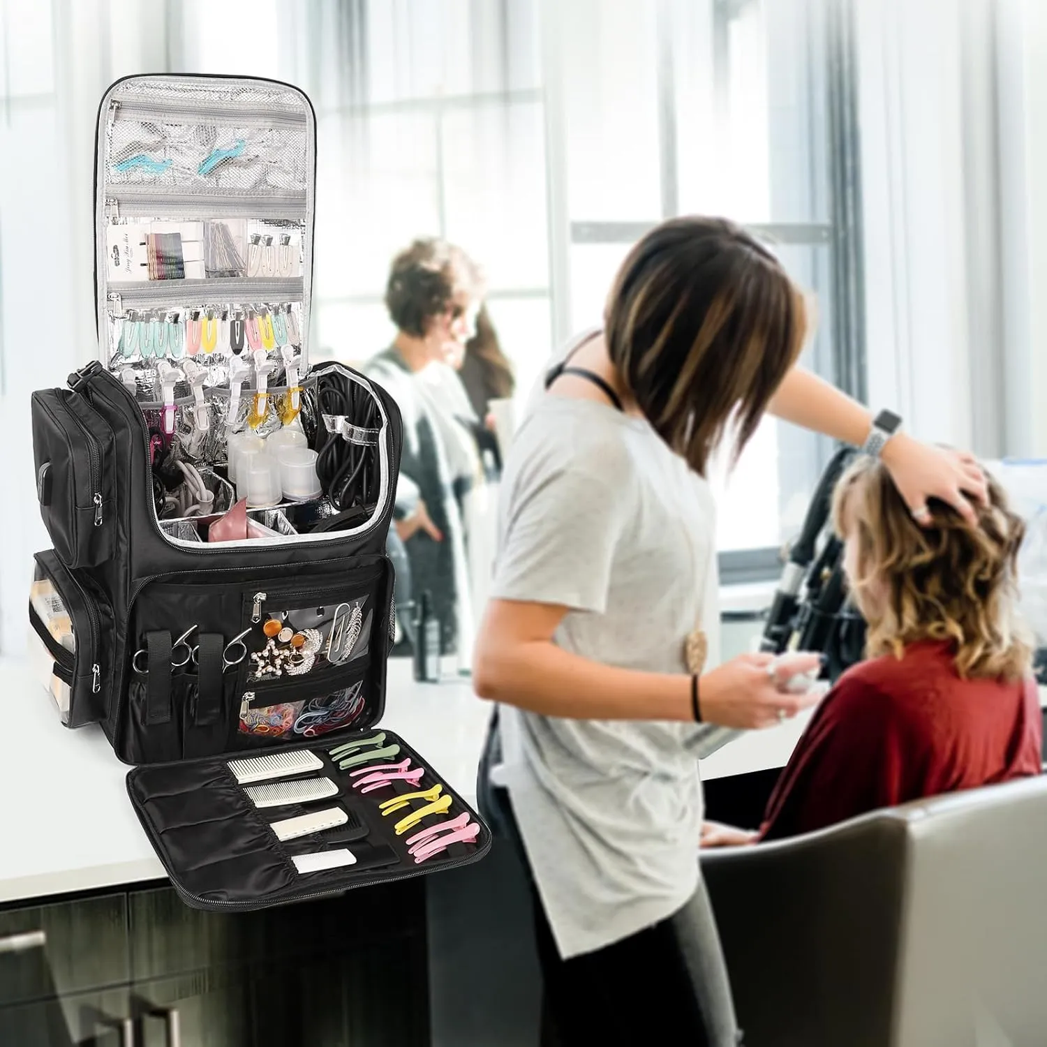 Relavel Hair Tools Travel Bag Hair Stylist Backpack Hairdresser Cosmetology Bag, Heat Insulation Full Layer for Curling Iron, Hair Straightener, Travel Accessories Train Case Barber Organizer, Black