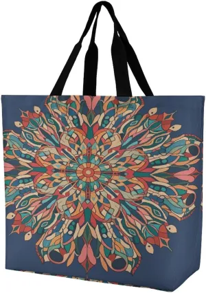 Reusable Grocery Shopping Cloth Bags Old Oriental Style Mosaic Composition with Inter-mandala Motifs Print Shoulder Tote Bag Fashionable Tote Handbag for Work Beach Travel Shopping