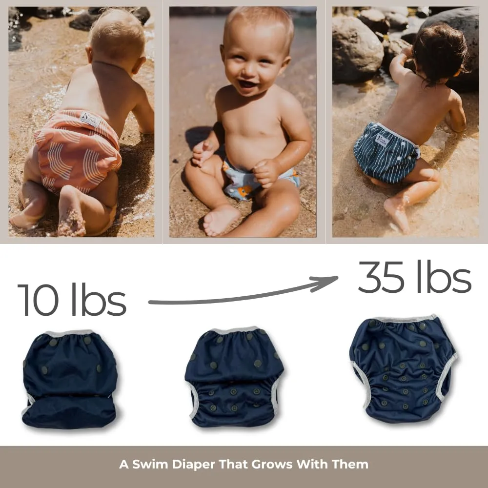 Reusable Swim Diapers and Wet Bag - One Size Fully Adjustable - Hamptons Unisex 3 Pack with Wet Bag by Nora's Nursery
