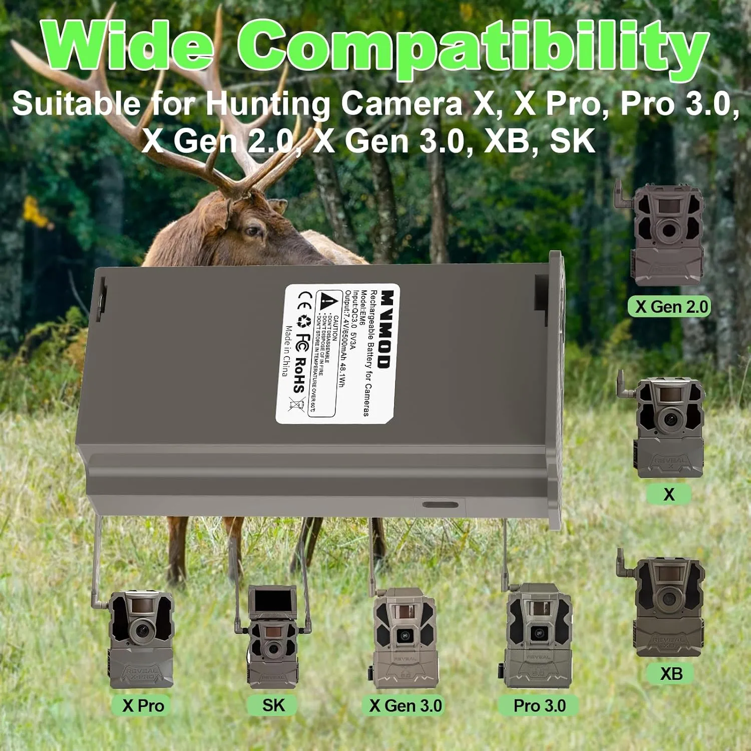 Reveal Lipo Lithium Rechargeable Battery 2 Pack, 6500mAh Trail Camera Lithium-ion Battery Compatible with Reveal Hunting Camera X Gen 3.0, X Gen 2.0, Pro 3.0, X Pro, X, XB, SK