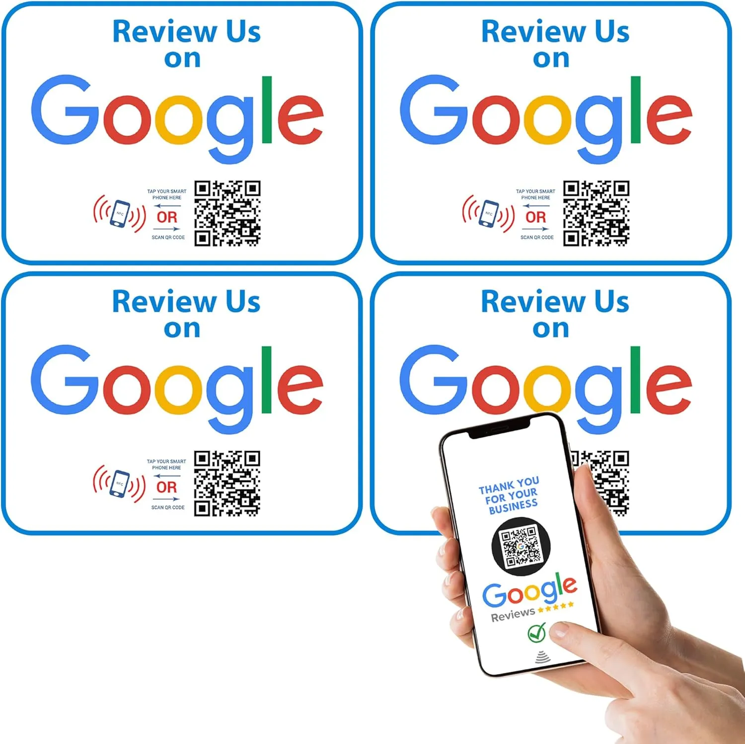 Review Us On Google - Four (4) Pack - QR Code and NFC Cards for Instant Google Reviews - Tap & Scan Cards for Small Business Marketing - Boost Your Business Reviews - Two Sided