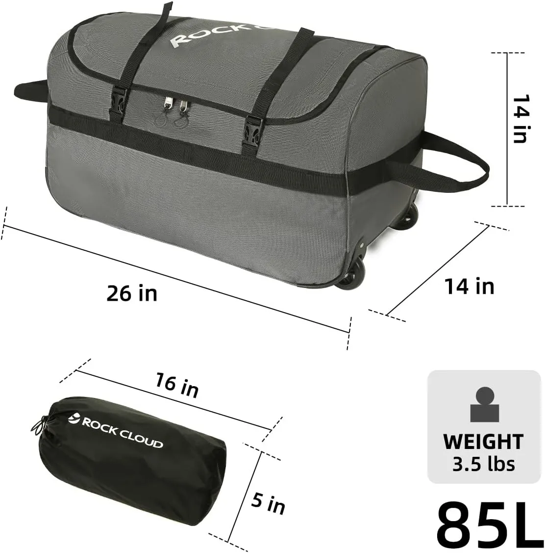 Rock Cloud Foldable Wheeled Duffel Bag with Wheels 85L Rolling Duffle Bag Packable 26 inch for Travel Camping Sports, Grey
