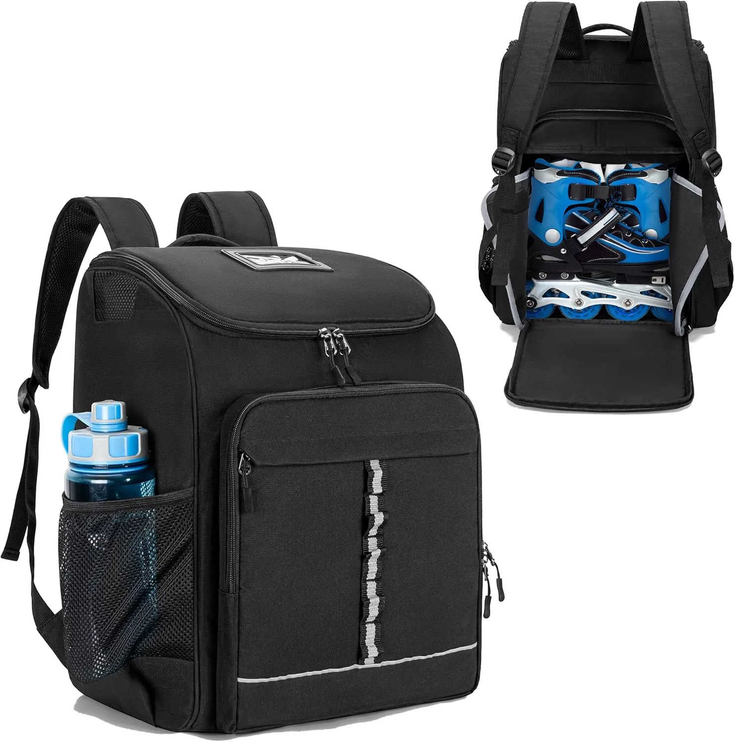Roller Skate Bag Fits Shoes Up to US Mens 13, Ice Skate Backpack with Top Helmet Pocket, Roller Skating Bag with Adjustable Padded Shoulder Strap for Skates Gear, Black