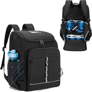 Roller Skate Bag Fits Shoes Up to US Mens 13, Ice Skate Backpack with Top Helmet Pocket, Roller Skating Bag with Adjustable Padded Shoulder Strap for Skates Gear, Black