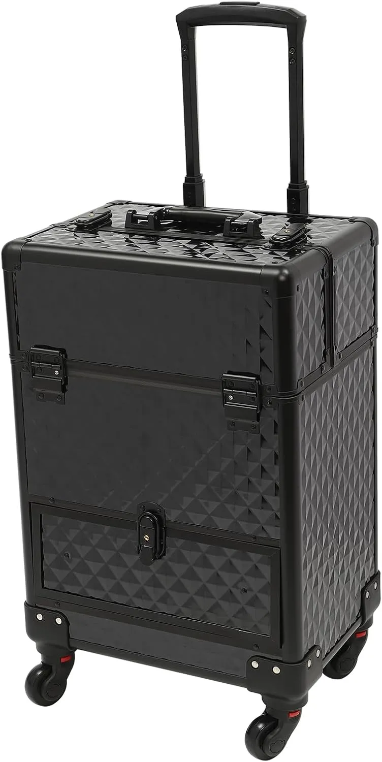Rolling Makeup Case on Wheels with Drawers Traveling Aluminum Professional Makeup Trolley Cart Rolling Train Case Cosmetic Organizer Case for Beauty Salon (Black-Black Frame)