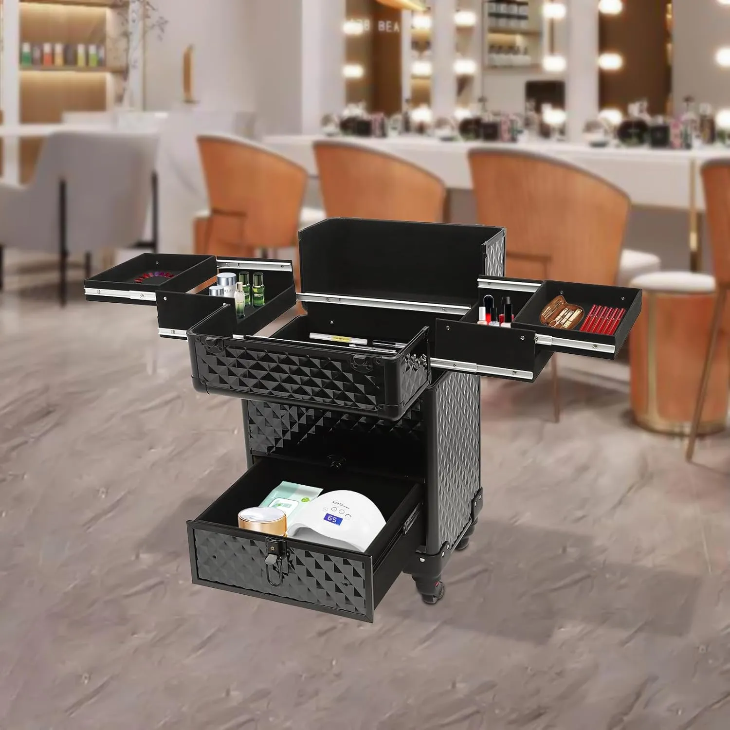 Rolling Makeup Case on Wheels with Drawers Traveling Aluminum Professional Makeup Trolley Cart Rolling Train Case Cosmetic Organizer Case for Beauty Salon (Black-Black Frame)