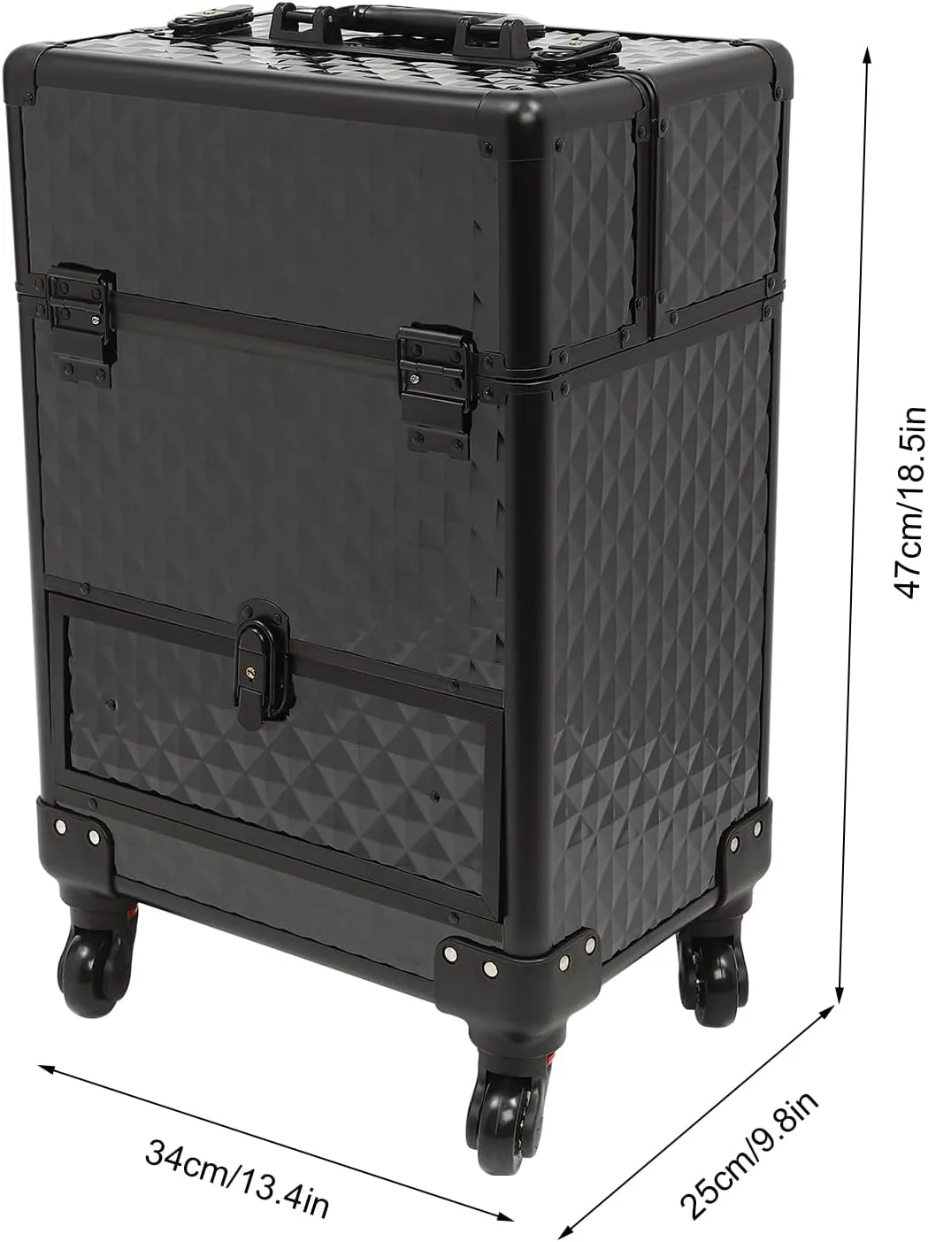 Rolling Makeup Case on Wheels with Drawers Traveling Aluminum Professional Makeup Trolley Cart Rolling Train Case Cosmetic Organizer Case for Beauty Salon (Black-Black Frame)