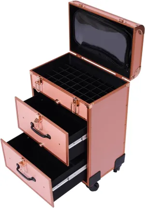 Rolling Makeup Train Case, 4 in 1 Professional Cosmetic Trolley with Wheels, Large Capacity Trolley Makeup Travel Case for Salon Barber Nail Technicians (Gold)