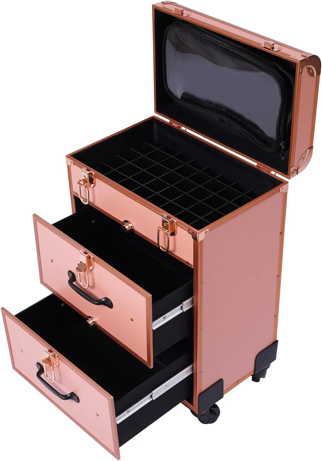 Rolling Makeup Train Case, 4 in 1 Professional Cosmetic Trolley with Wheels, Large Capacity Trolley Makeup Travel Case for Salon Barber Nail Technicians (Gold)