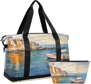 Romantic Entitled Seaport Sports Gym Bag with Waterproof Dry Wet Pocket, Travel Duffel Bag for Women Men，Workout Bag Fits Yoga, Swimming
