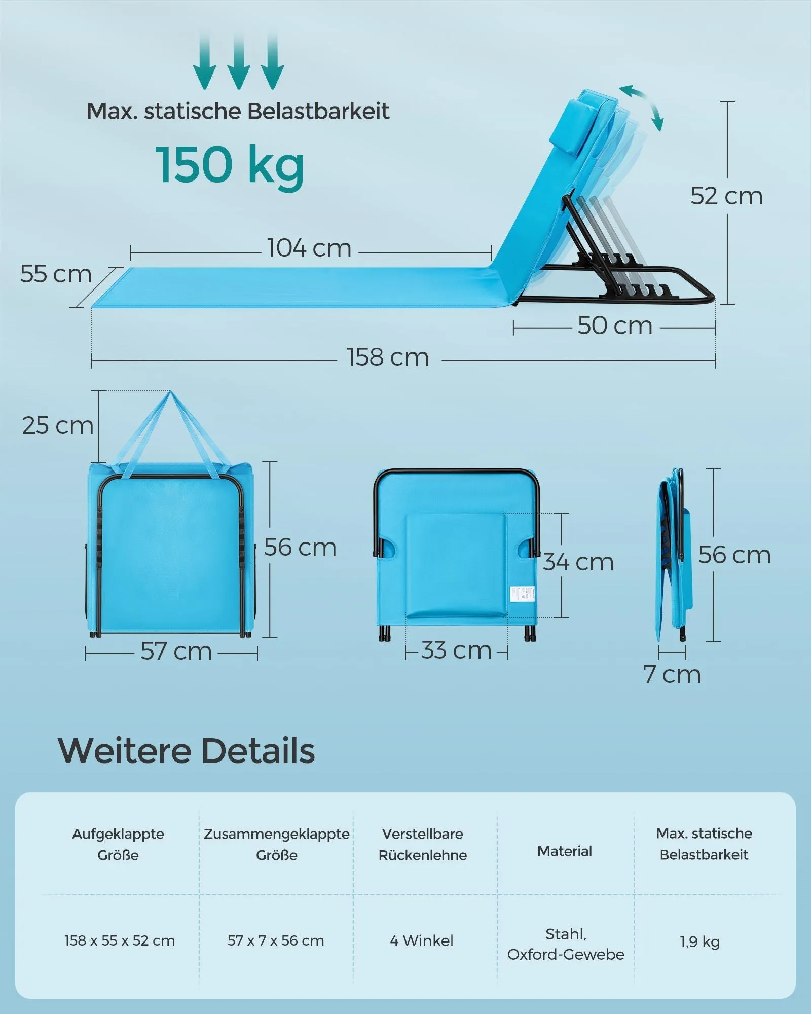 Rootz Sky Blue Beach Lounger - Reclining Chair - Portable Lounger - Galvanized Steel - Oxford Cloth - 158cm x 55cm x 57cm - Lightweight - 150kg Capacity