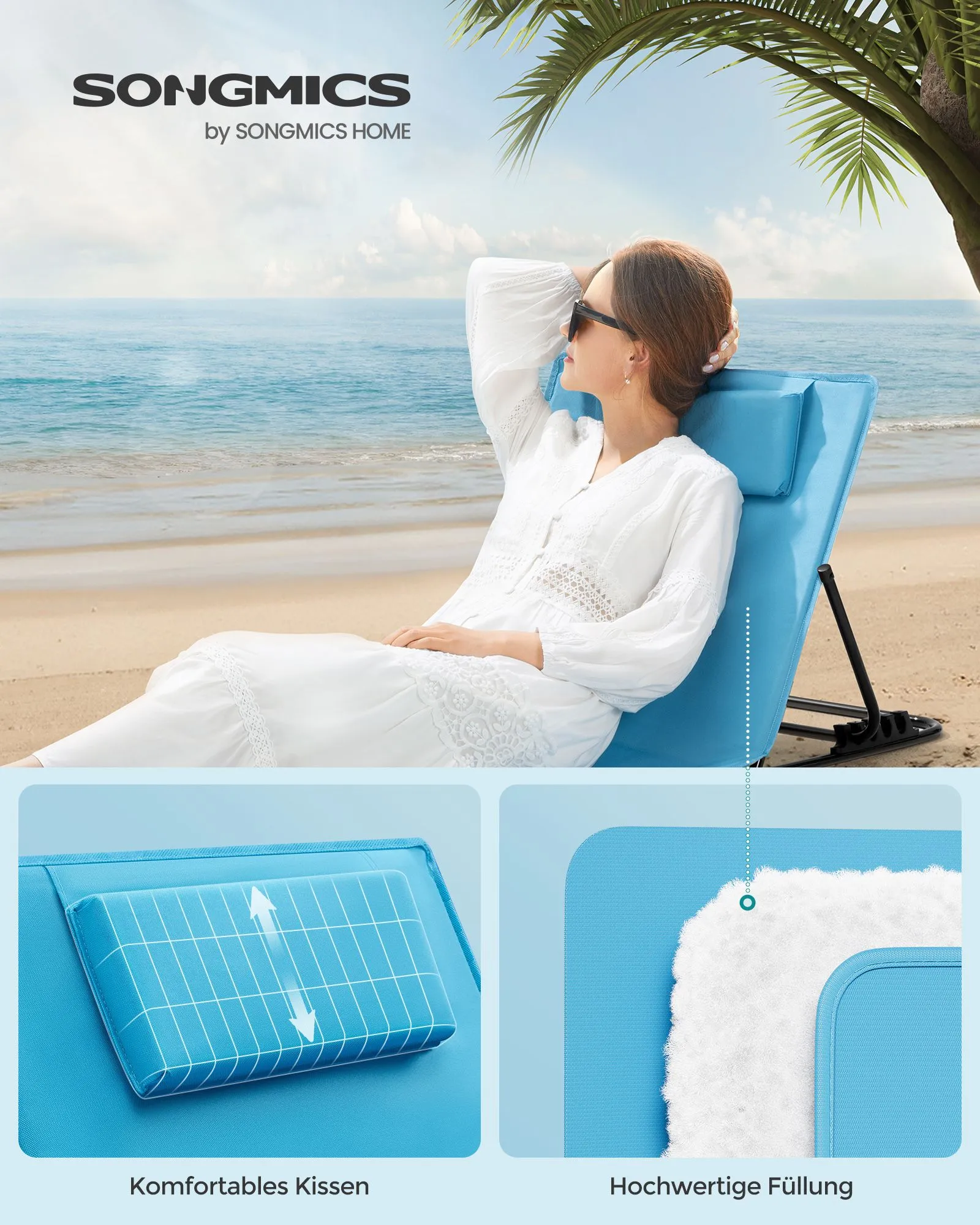 Rootz Sky Blue Beach Lounger - Reclining Chair - Portable Lounger - Galvanized Steel - Oxford Cloth - 158cm x 55cm x 57cm - Lightweight - 150kg Capacity