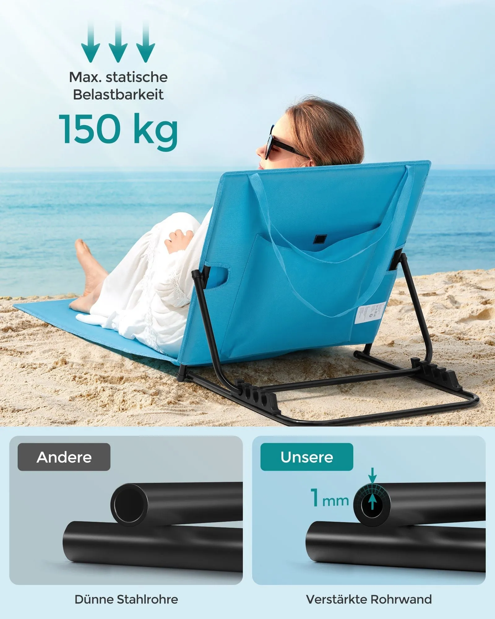 Rootz Sky Blue Beach Lounger - Reclining Chair - Portable Lounger - Galvanized Steel - Oxford Cloth - 158cm x 55cm x 57cm - Lightweight - 150kg Capacity