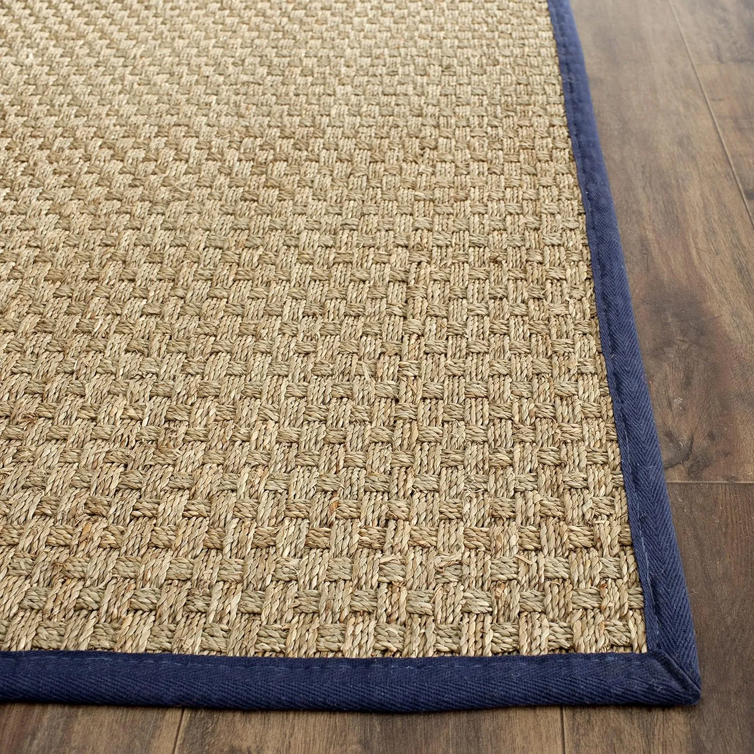 SAFAVIEH Natural Fiber Collection Area Rug - 6' x 9', Natural & Blue, Border Basketweave Seagrass Design, Easy Care, Ideal for High Traffic Areas in Living Room, Bedroom (NF114E)