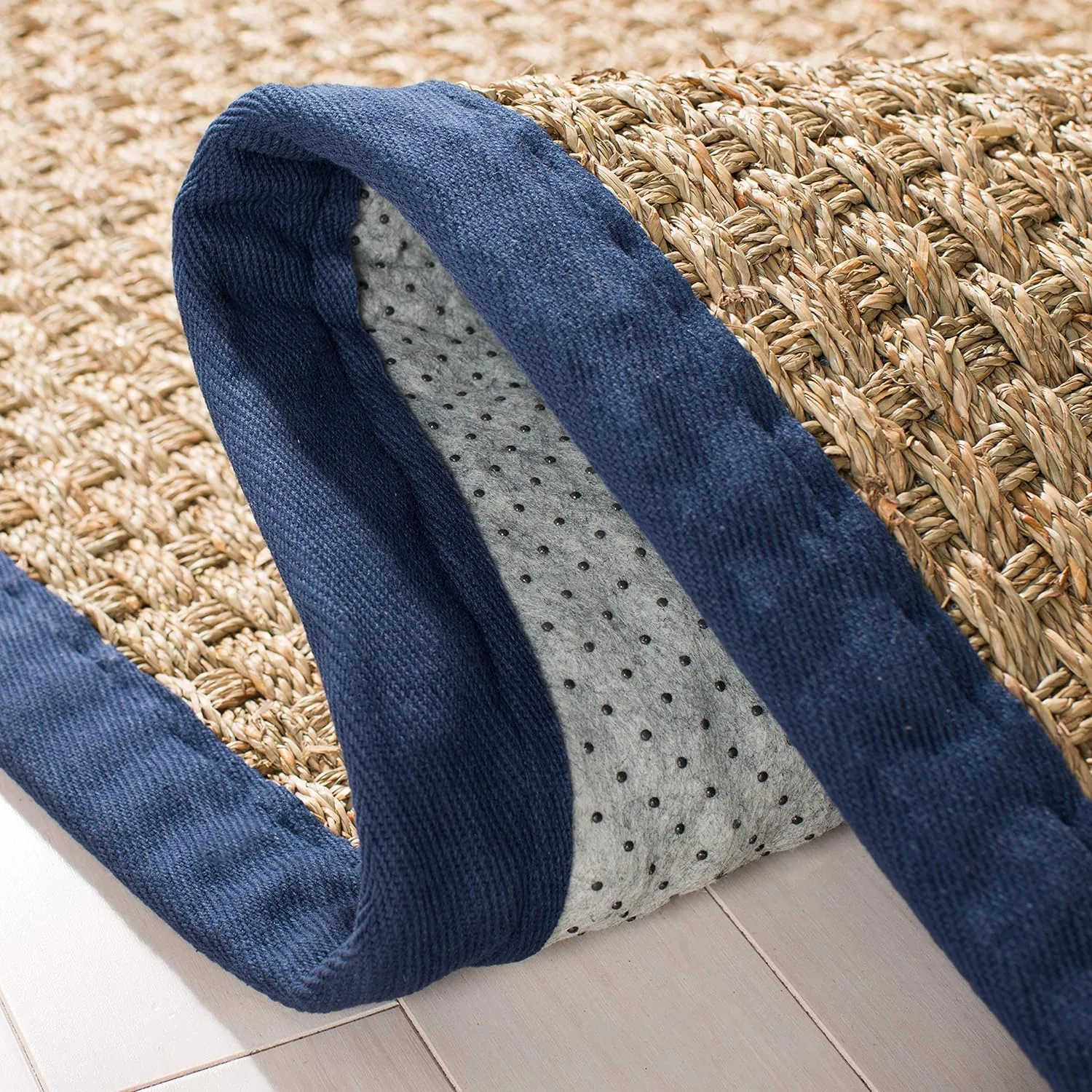 SAFAVIEH Natural Fiber Collection Area Rug - 6' x 9', Natural & Blue, Border Basketweave Seagrass Design, Easy Care, Ideal for High Traffic Areas in Living Room, Bedroom (NF114E)