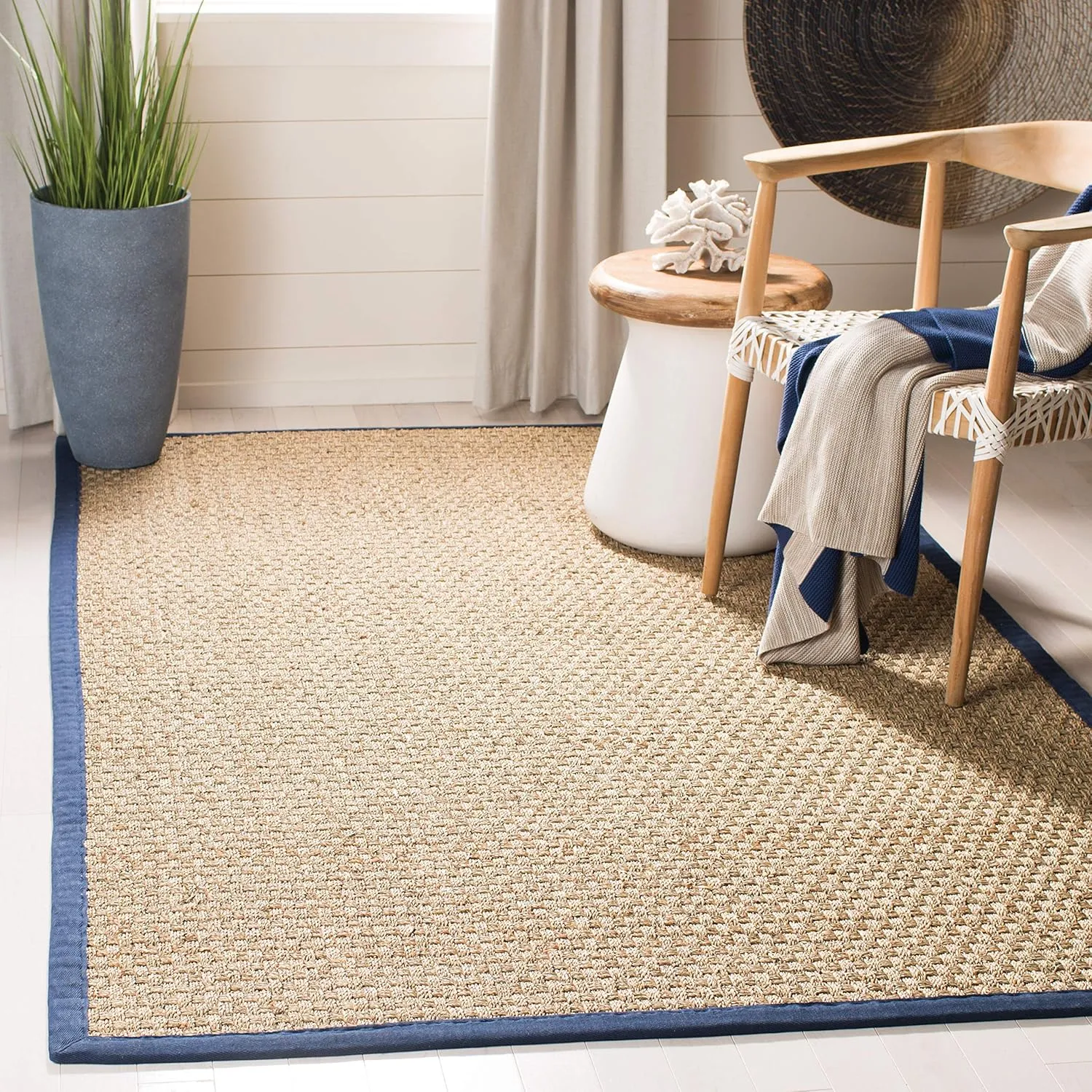 SAFAVIEH Natural Fiber Collection Area Rug - 6' x 9', Natural & Blue, Border Basketweave Seagrass Design, Easy Care, Ideal for High Traffic Areas in Living Room, Bedroom (NF114E)