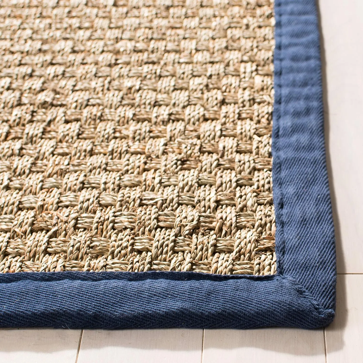 SAFAVIEH Natural Fiber Collection Area Rug - 6' x 9', Natural & Blue, Border Basketweave Seagrass Design, Easy Care, Ideal for High Traffic Areas in Living Room, Bedroom (NF114E)
