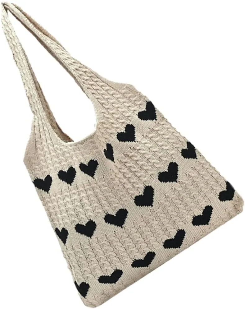 SAFIGLE Beach Tote Bag Knitted Shoulder Bag for Women Summer Vacation Crochet Handbags Heart Pattern