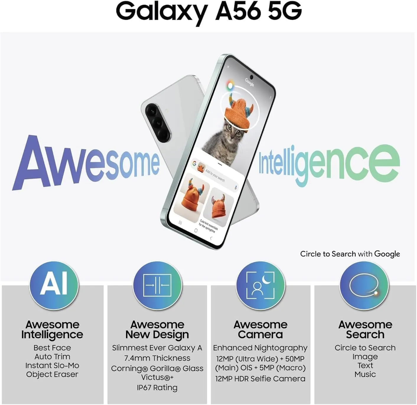 SAMSUNG Galaxy A56 5G Ai (for Tmobile Mint Tello & Global) (256GB   12GB) Version Latina Unlocked SM-A566E/DS 6.6" 120Hz 50MP Triple (Awesome LightGray SM-A566EZAATPA)