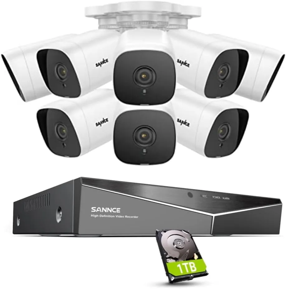 SANNCE 1080P Wired Security Camera System, CCTV 8 Channel 5-in-1 DVR with 1TB Hard Drive and 8Pcs Outdoor Day/Night Surveillance Cameras, Easy Remote Access, Motion Detection, 100ft Night Vision