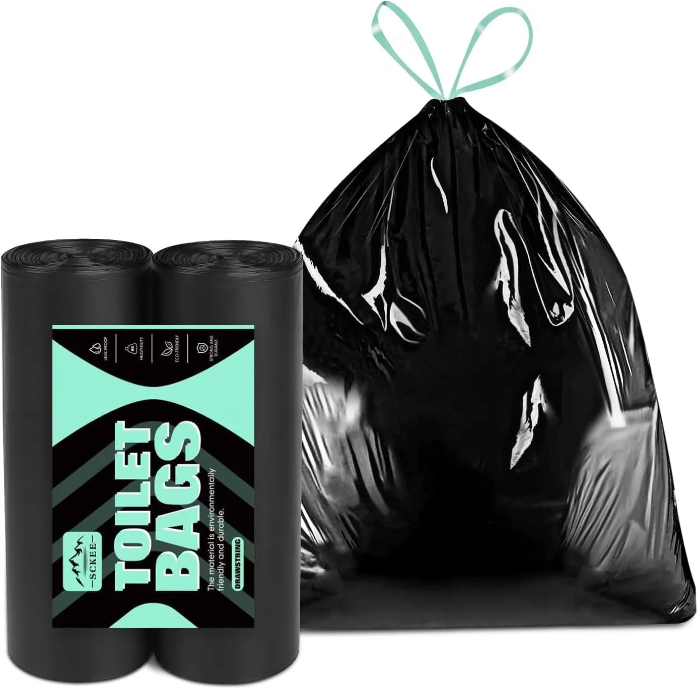 Sckee 50 Pack Heavy-Duty Waste Liners, Leak-Proof Potty Bags with Drawstring, Portable Toilet Buckets Bags for Hiking, Car Travel, Truck, RV, Boating, Road Trips & Outdoor Use (13 Gallon)