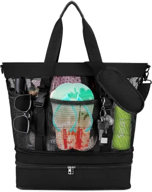 SelfTek Beach Bag with Cooler, Mesh Beach Tote Bag with Zipper and 6 Pockets for Women