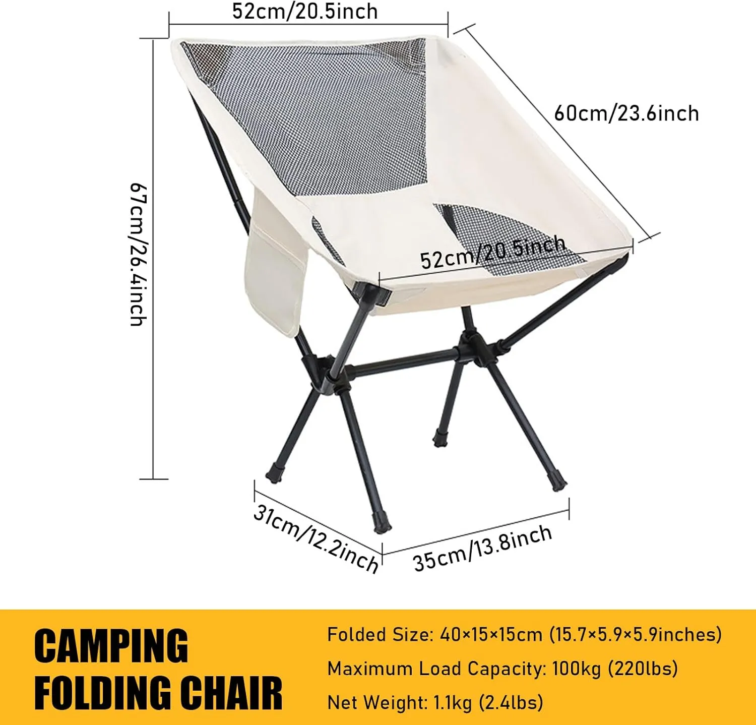 Set of 2 Outdoor Camping Chairs for Adults, Ultralight Portable Folding Chair with Carry Bag, 600D Oxford Fabric, 100KG Load Capacity, for Travel, Beach, Picnic, Hiking,Khaki