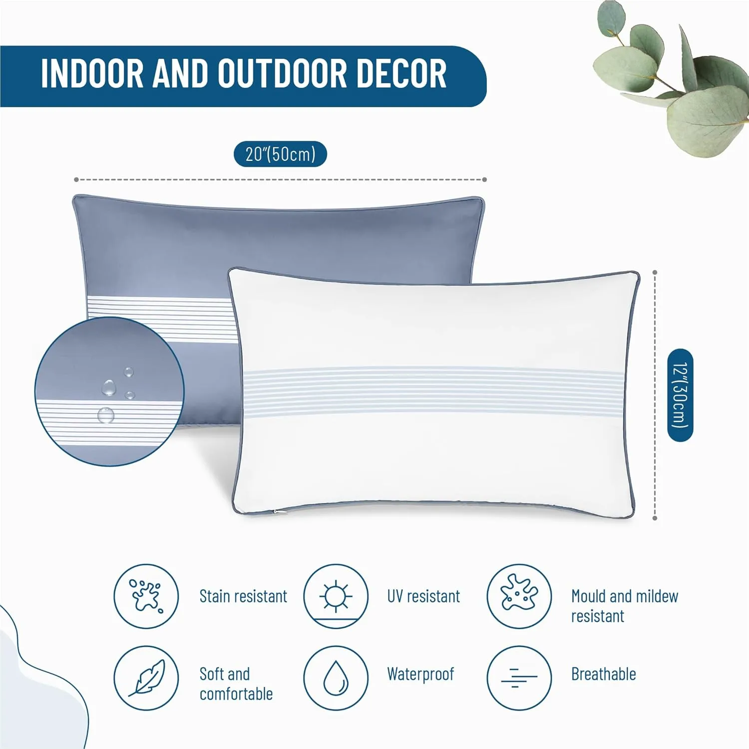 Set of 2 Outdoor Pillows Waterproof - Decorative Patio Throw Pillows for Outdoor Furniture - Lumbar & Accent Pillow Covers for Porch, Garden, Deck & Backyard (Blue and White, 20" x 12")