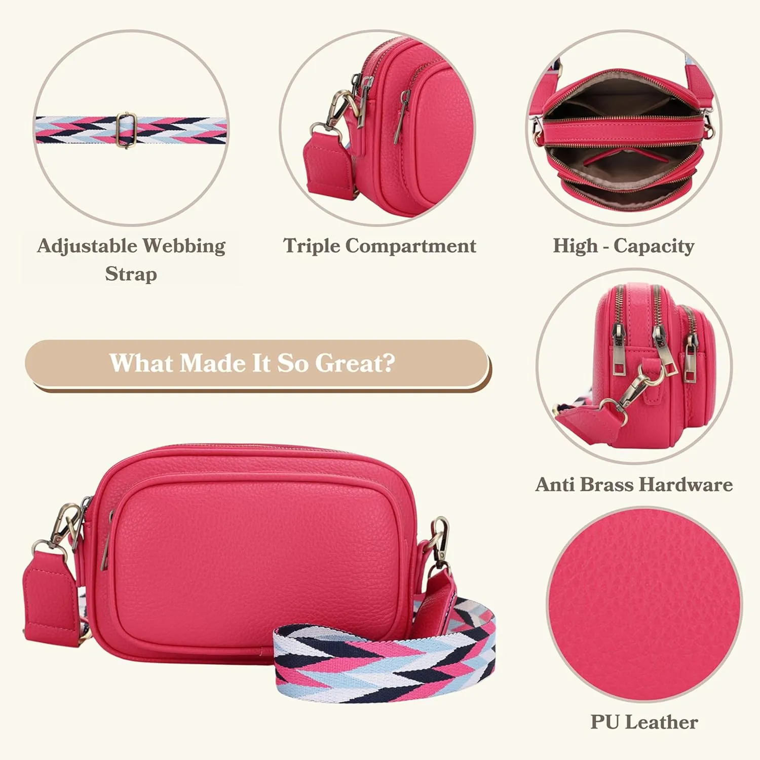 SG SUGU Small Crossbody Bag for Women, Triple Compartment Shoulder Handbags with Adjustable Strap, Camera Purse for Everyday