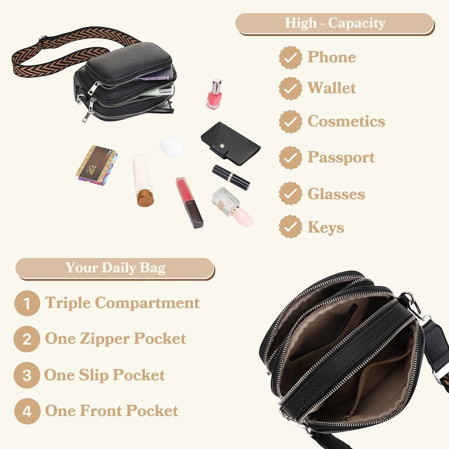 SG SUGU Small Crossbody Bag for Women, Triple Compartment Shoulder Handbags with Adjustable Strap, Camera Purse for Everyday