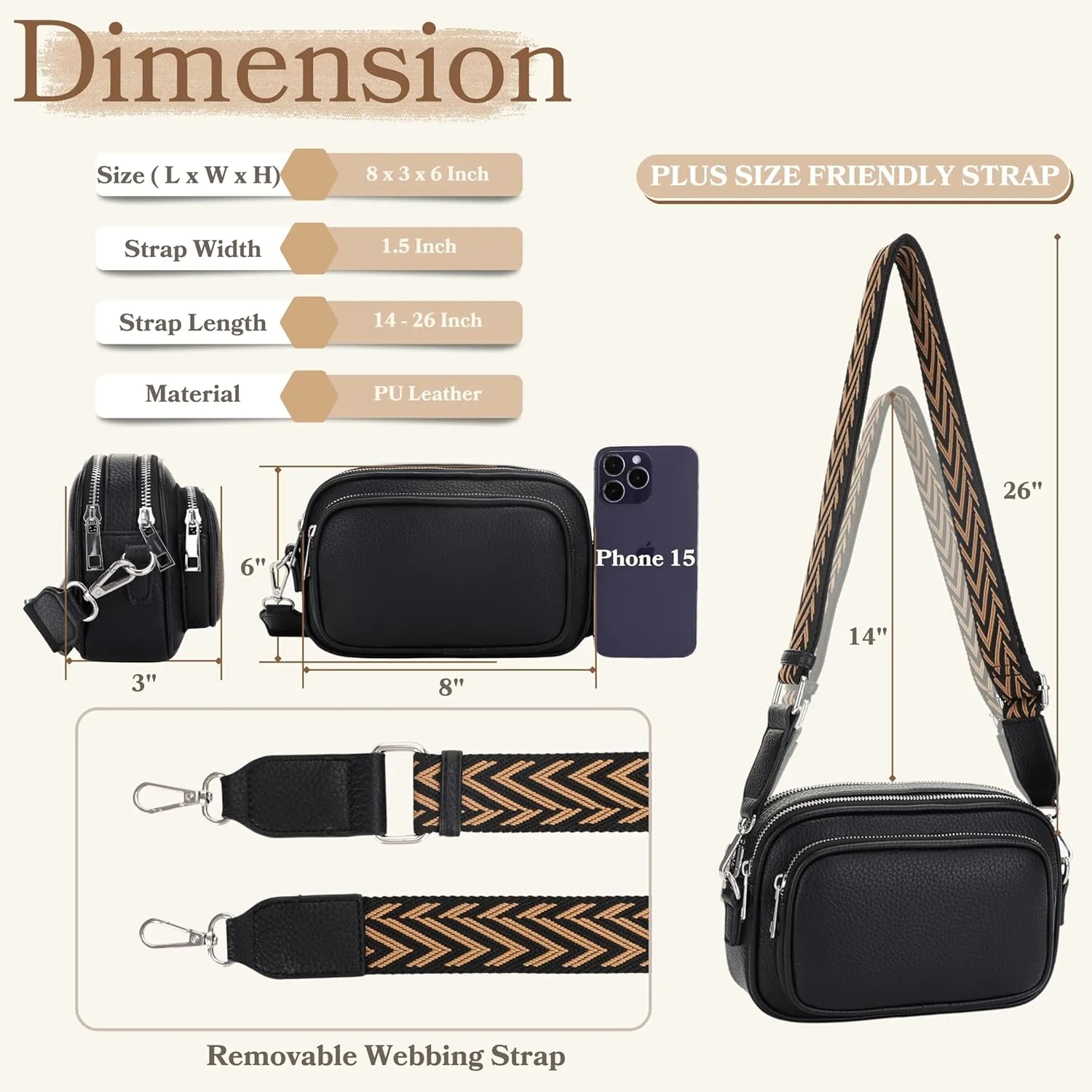 SG SUGU Small Crossbody Bag for Women, Triple Compartment Shoulder Handbags with Adjustable Strap, Camera Purse for Everyday