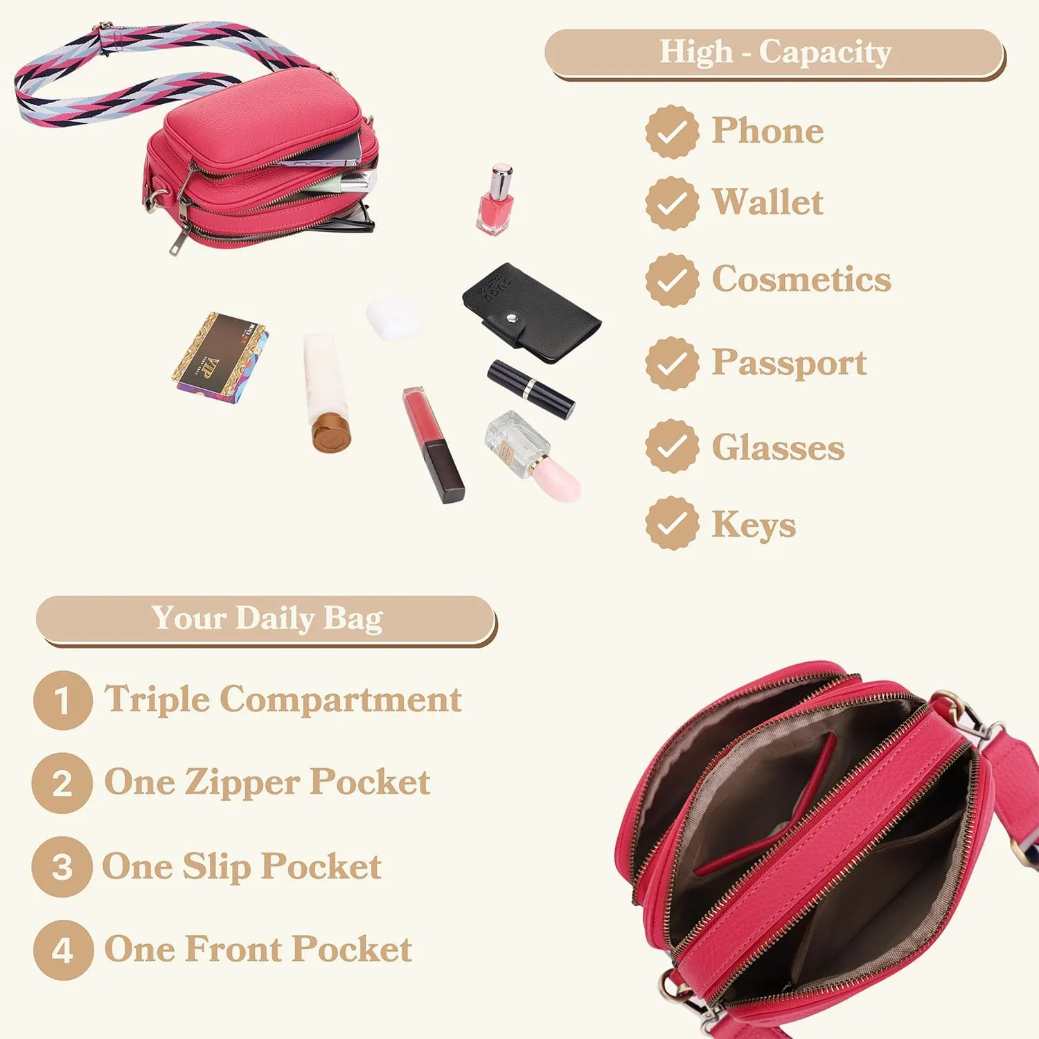 SG SUGU Small Crossbody Bag for Women, Triple Compartment Shoulder Handbags with Adjustable Strap, Camera Purse for Everyday