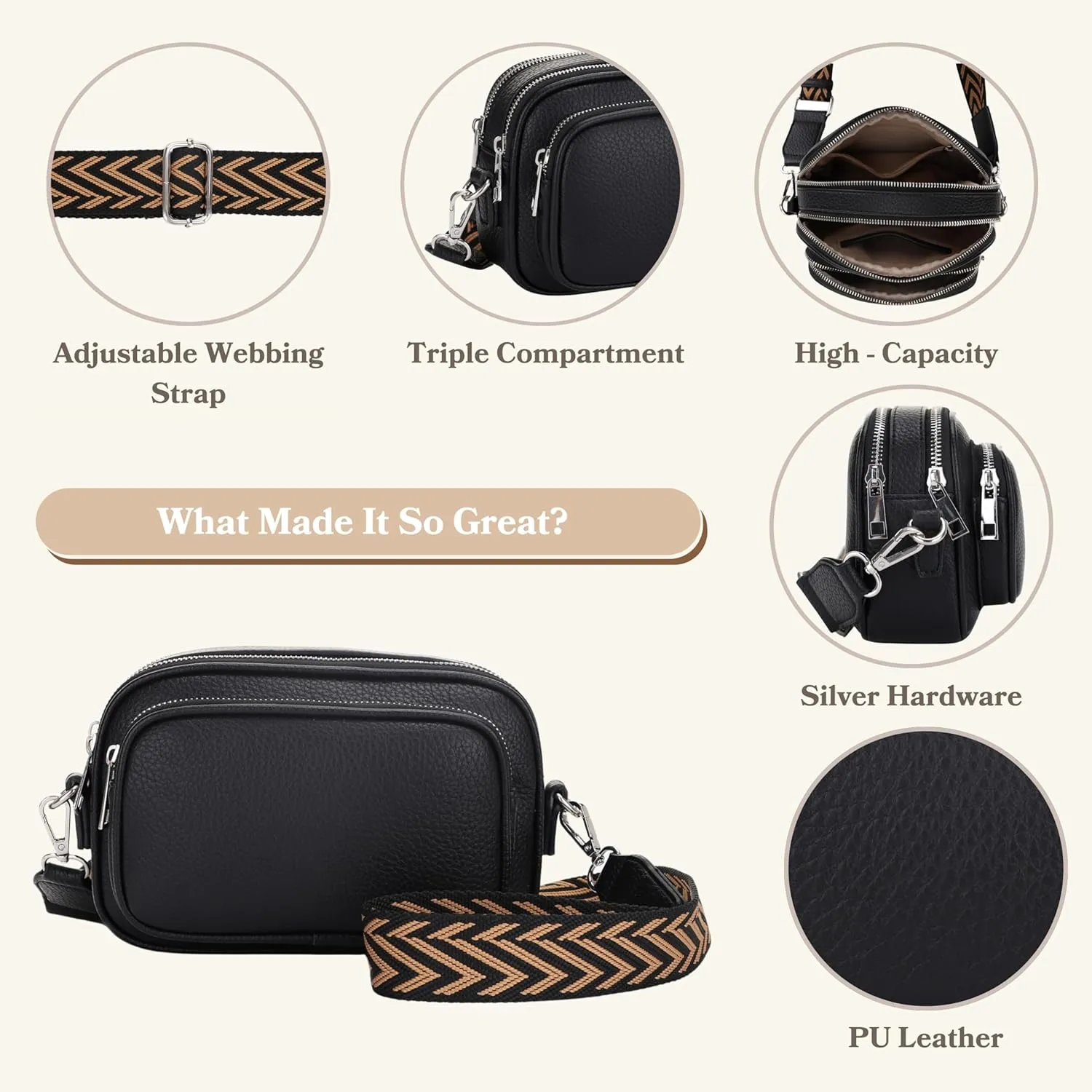 SG SUGU Small Crossbody Bag for Women, Triple Compartment Shoulder Handbags with Adjustable Strap, Camera Purse for Everyday