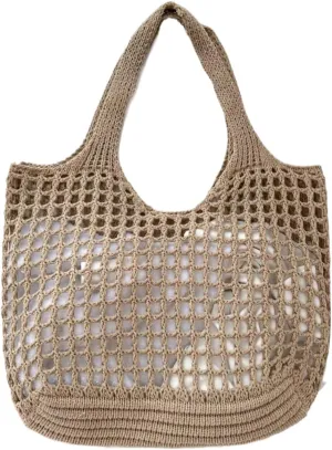SHENHE Women's Solid Color Hollow Out Woven Shopping Crochet Handbag Top handle Bag Summer Beach Tote Purse Storage Mesh Bag