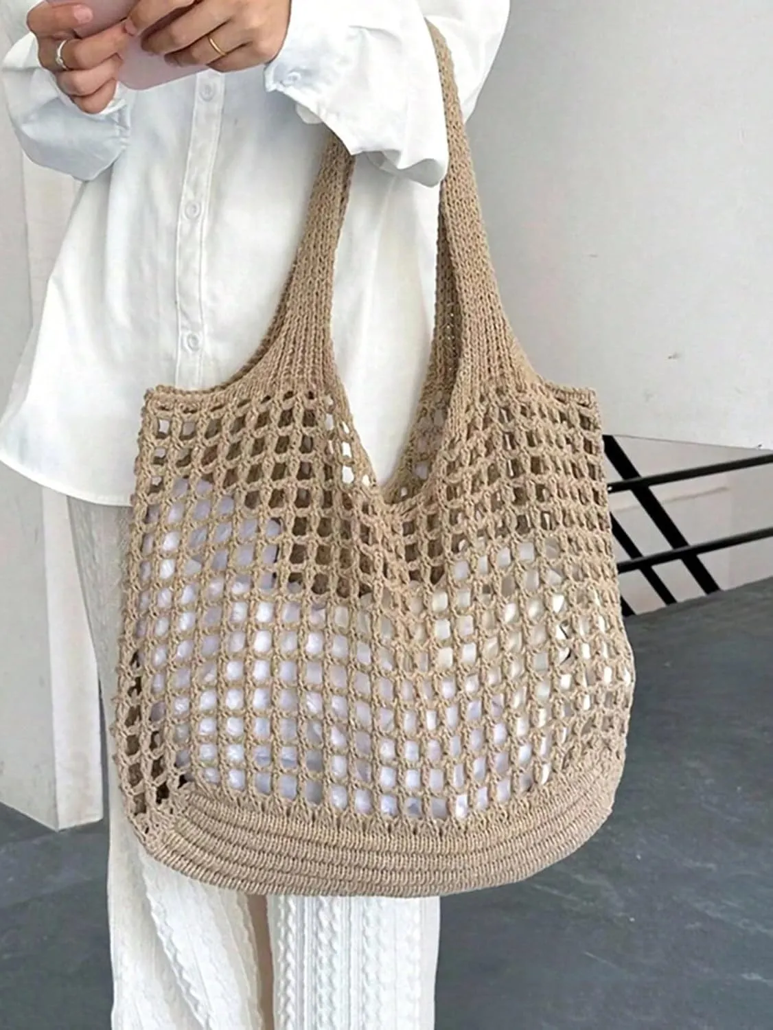 SHENHE Women's Solid Color Hollow Out Woven Shopping Crochet Handbag Top handle Bag Summer Beach Tote Purse Storage Mesh Bag