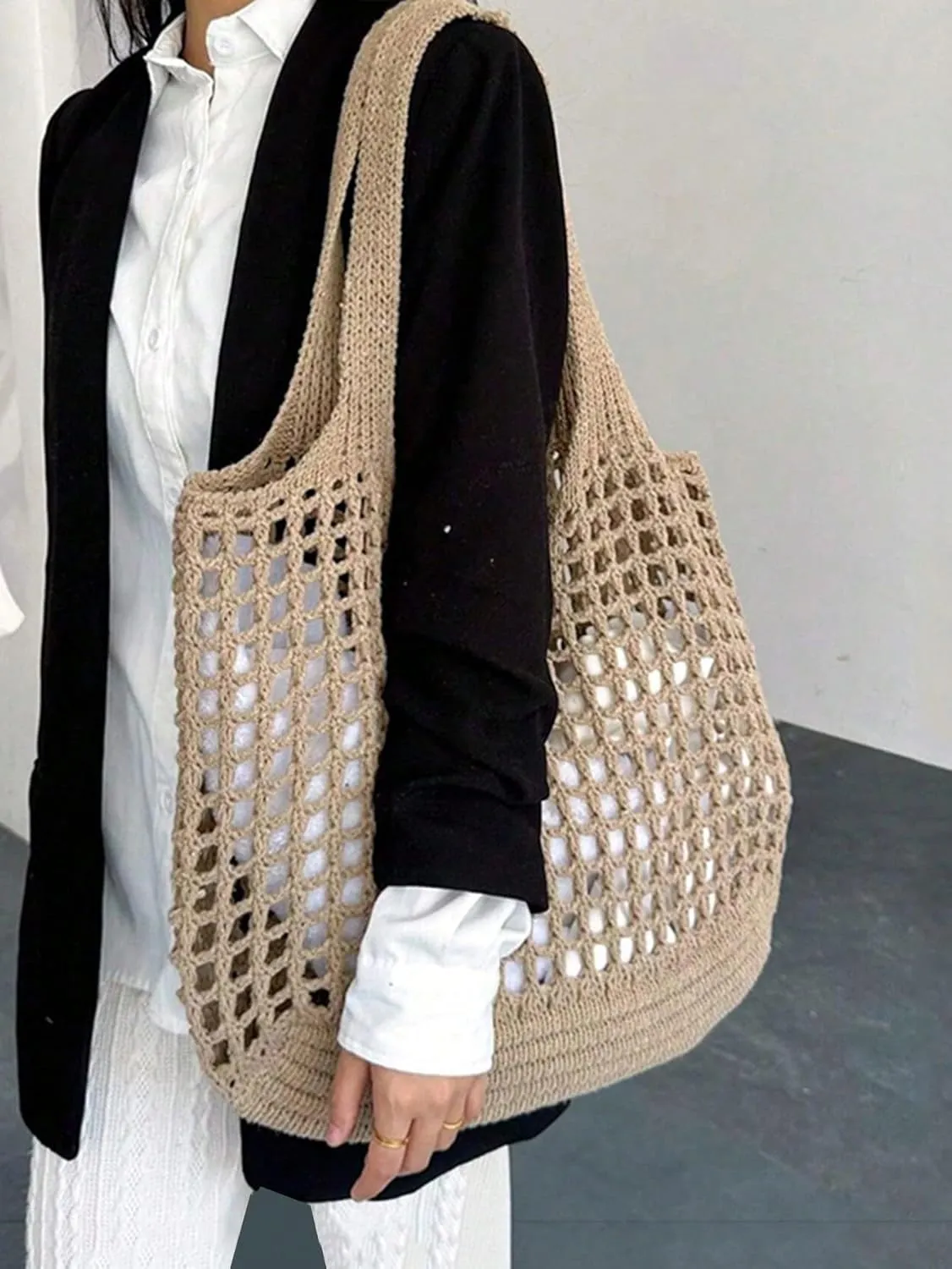 SHENHE Women's Solid Color Hollow Out Woven Shopping Crochet Handbag Top handle Bag Summer Beach Tote Purse Storage Mesh Bag