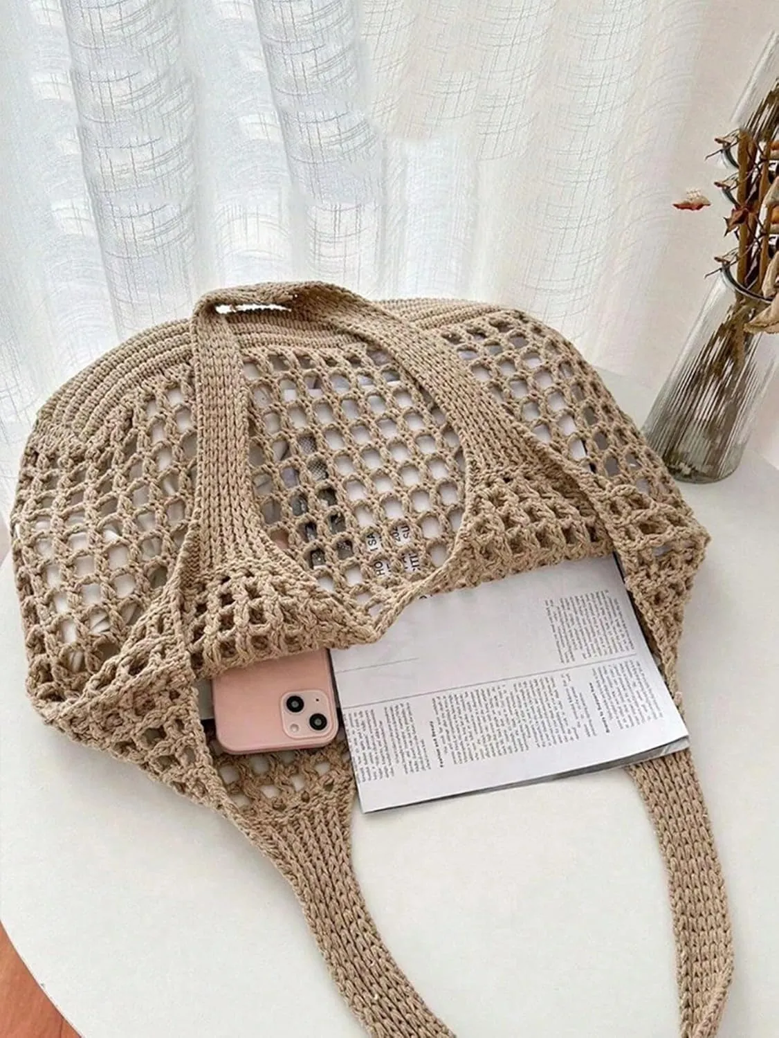 SHENHE Women's Solid Color Hollow Out Woven Shopping Crochet Handbag Top handle Bag Summer Beach Tote Purse Storage Mesh Bag